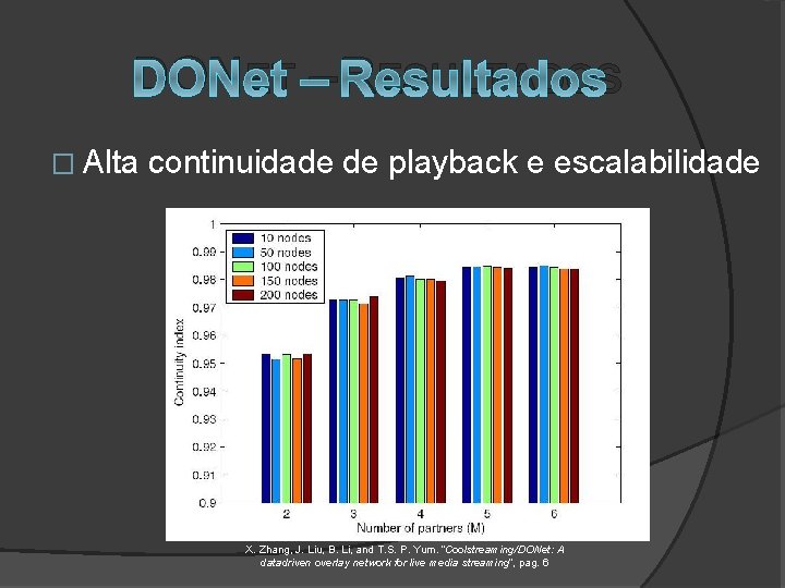 DONET – RESULTADOS � Alta continuidade de playback e escalabilidade X. Zhang, J. Liu,