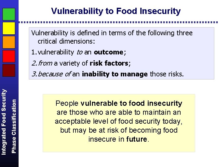 Vulnerability to Food Insecurity Vulnerability is defined in terms of the following three critical