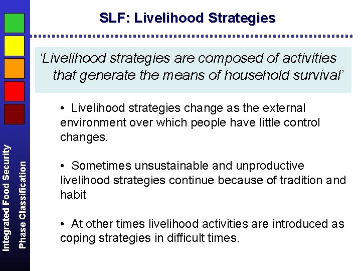 SLF: Livelihood Strategies ‘Livelihood strategies are composed of activities that generate the means of