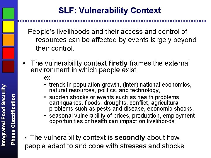 SLF: Vulnerability Context People’s livelihoods and their access and control of resources can be