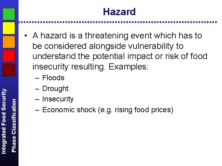 Hazard Phase Classification Integrated Food Security • A hazard is a threatening event which