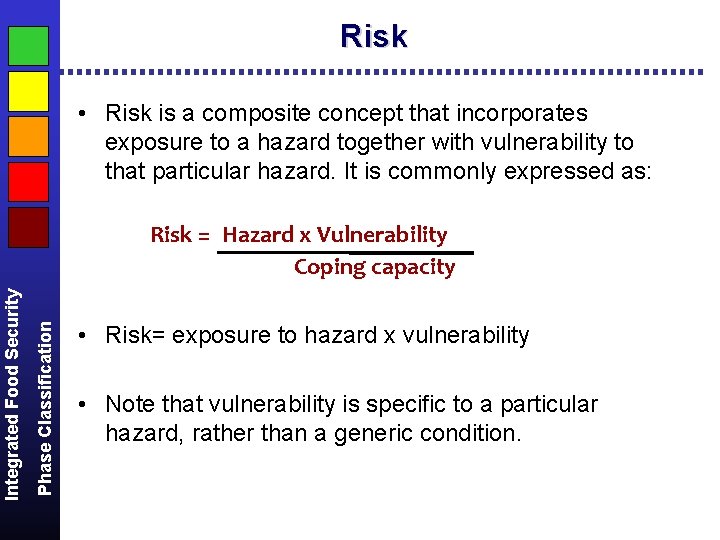 Risk • Risk is a composite concept that incorporates exposure to a hazard together