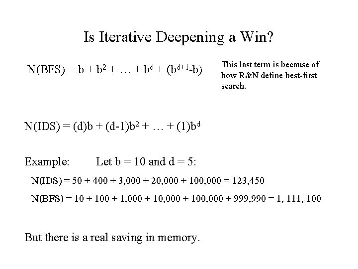 Is Iterative Deepening a Win? N(BFS) = b + b 2 + … +