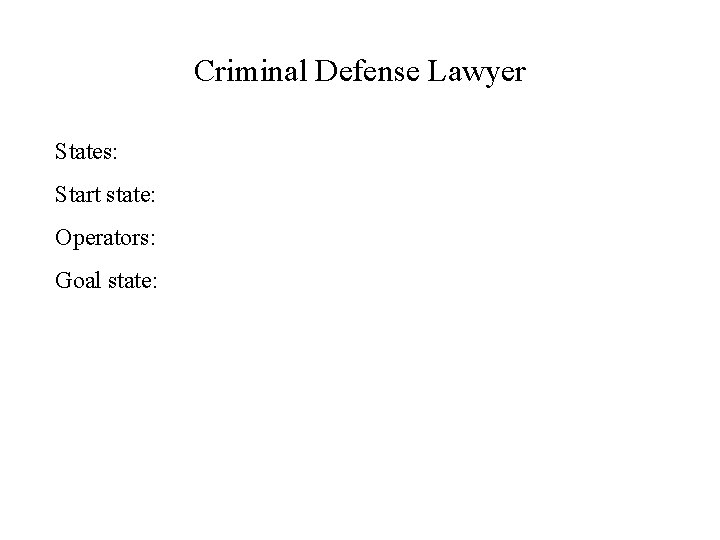 Criminal Defense Lawyer States: Start state: Operators: Goal state: 