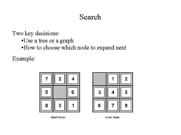 Search Two key decisions: • Use a tree or a graph • How to