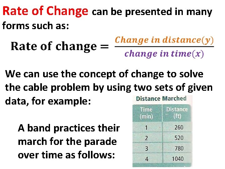 Rate of Change can be presented in many forms such as: We can use