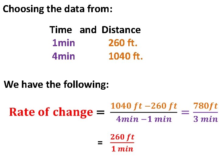Choosing the data from: Time and Distance 1 min 260 ft. 4 min 1040