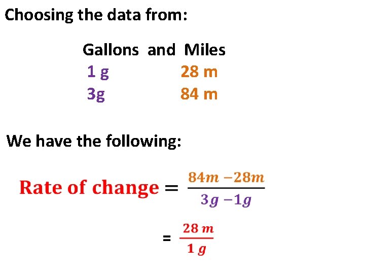 Choosing the data from: Gallons and Miles 1 g 28 m 3 g 84