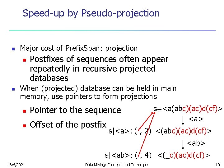 Speed-up by Pseudo-projection n Major cost of Prefix. Span: projection n n Postfixes of