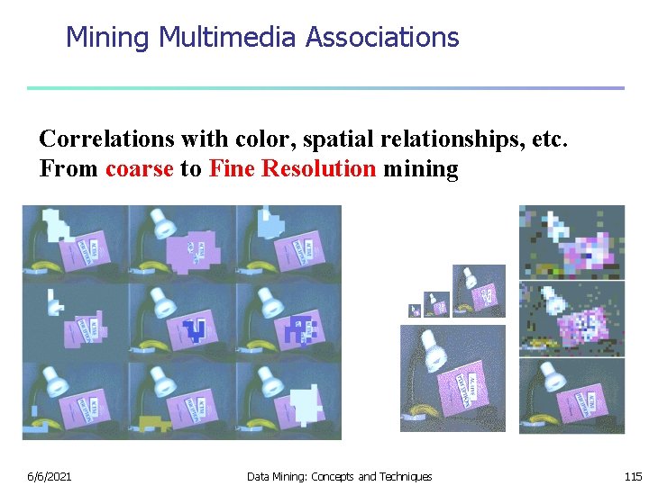 Mining Multimedia Associations Correlations with color, spatial relationships, etc. From coarse to Fine Resolution