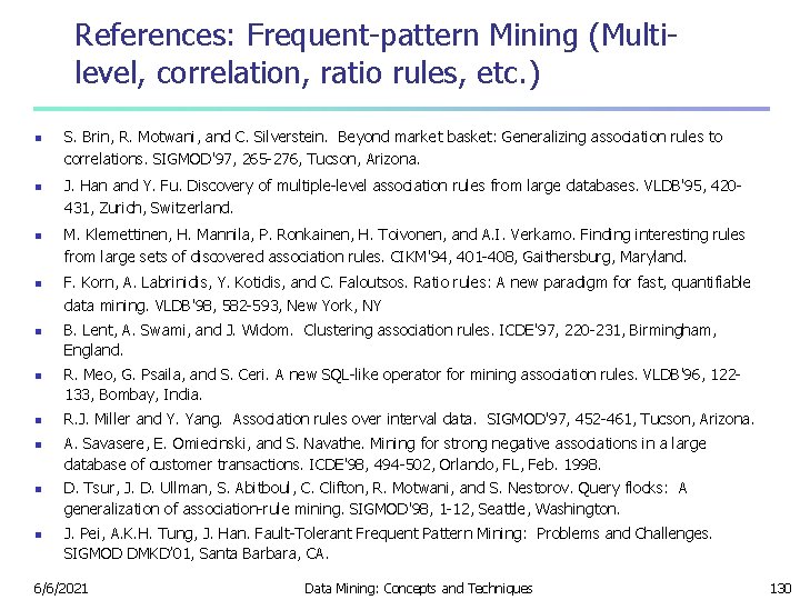 References: Frequent-pattern Mining (Multilevel, correlation, ratio rules, etc. ) n n n n n