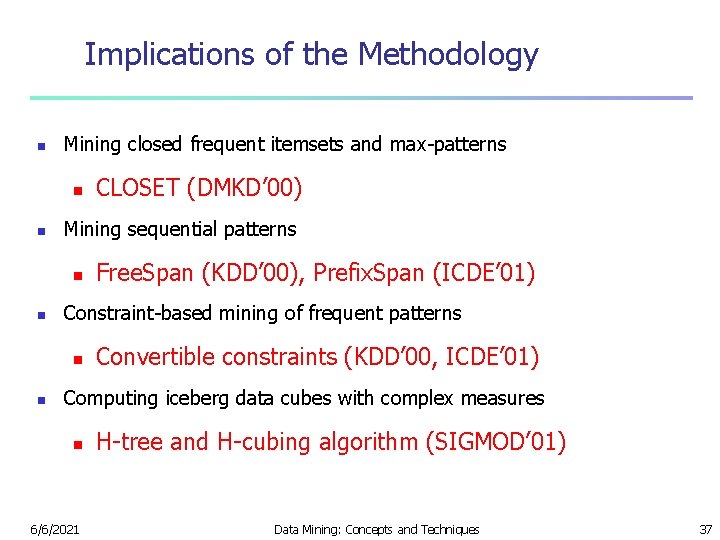 Implications of the Methodology n Mining closed frequent itemsets and max-patterns n n Mining