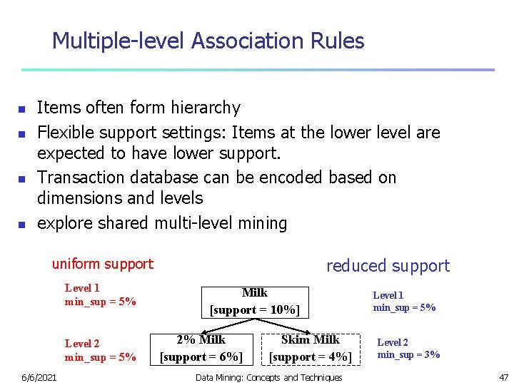 Multiple-level Association Rules n n Items often form hierarchy Flexible support settings: Items at