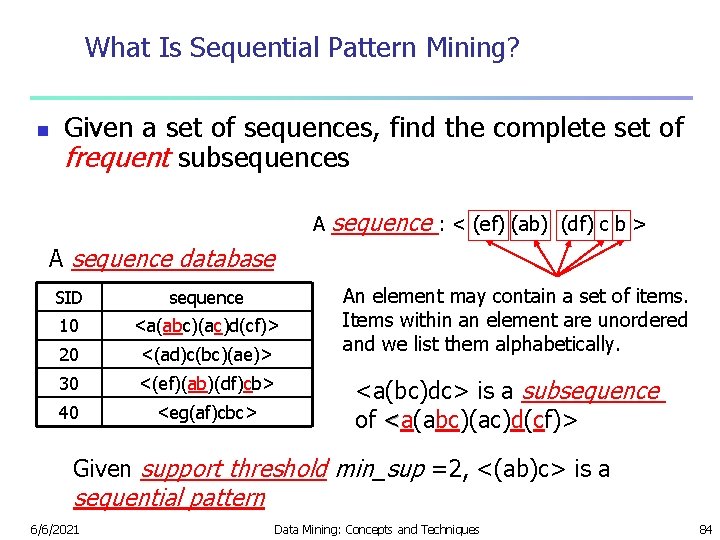 What Is Sequential Pattern Mining? n Given a set of sequences, find the complete