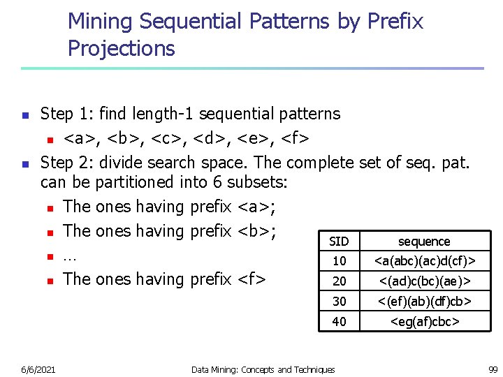 Mining Sequential Patterns by Prefix Projections n n Step 1: find length-1 sequential patterns