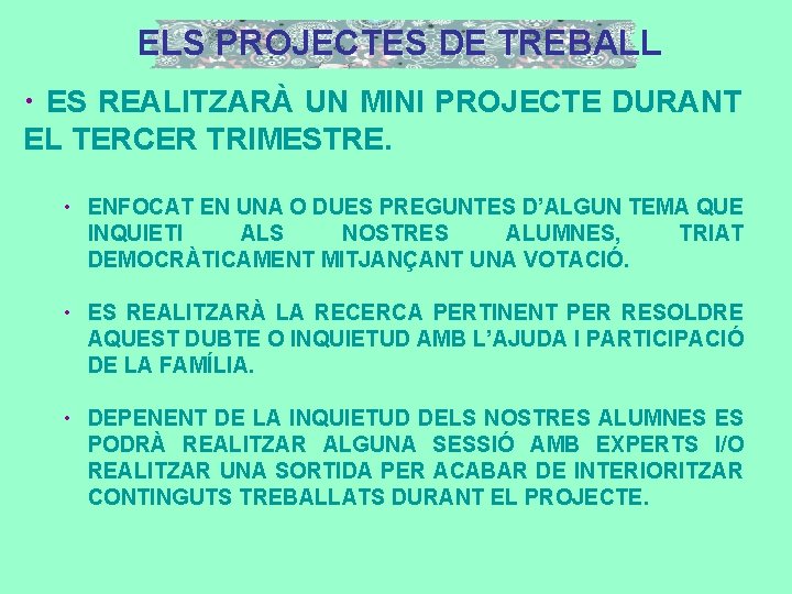 ELS PROJECTES DE TREBALL • ES REALITZARÀ UN MINI PROJECTE DURANT EL TERCER TRIMESTRE.