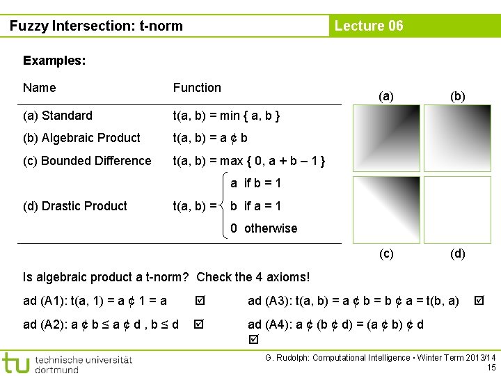 Fuzzy Intersection: t-norm Lecture 06 Examples: Name Function (a) Standard t(a, b) = min