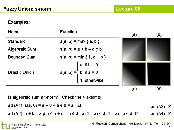 Fuzzy Union: s-norm Lecture 06 Examples: Name Function Standard s(a, b) = max {