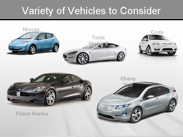 Variety of Vehicles to Consider Nissan Leaf Coda Tesla Model S Chevy Volt Fisker