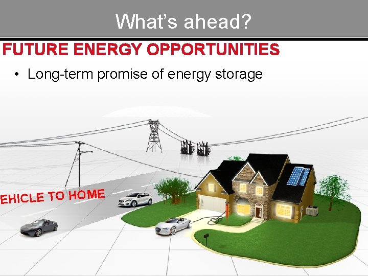What’s ahead? FUTURE ENERGY OPPORTUNITIES • Long-term promise of energy storage EHICLE TO HOME