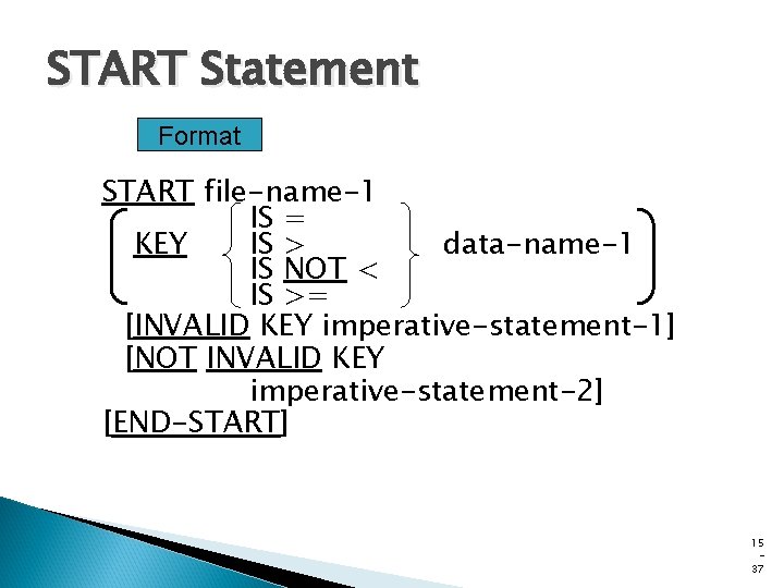 START Statement Format START file-name-1 IS = KEY IS > data-name-1 IS NOT <