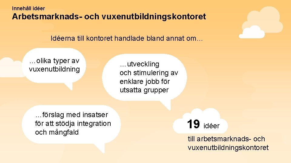 Innehåll idéer Arbetsmarknads- och vuxenutbildningskontoret Idéerna till kontoret handlade bland annat om… …olika typer
