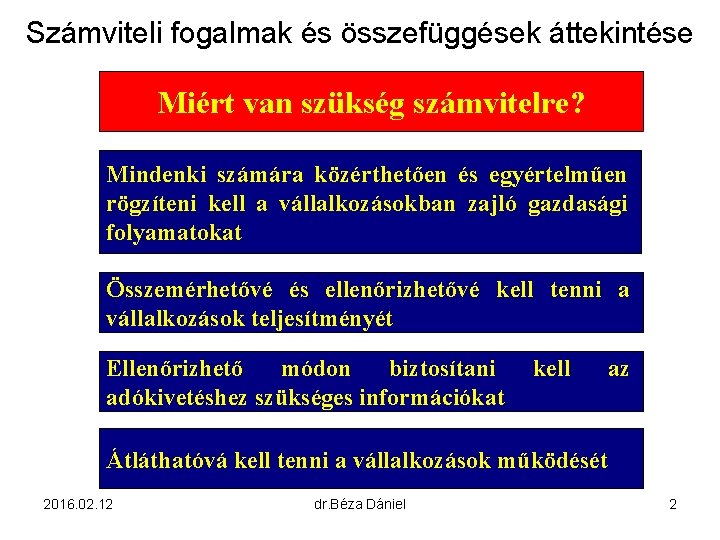 Számviteli fogalmak és összefüggések áttekintése Miért van szükség számvitelre? Mindenki számára közérthetően és egyértelműen