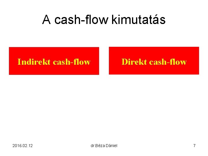 A cash-flow kimutatás Direkt cash-flow Indirekt cash-flow 2016. 02. 12 dr. Béza Dániel 7