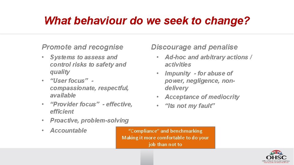 What behaviour do we seek to change? Promote and recognise • Systems to assess