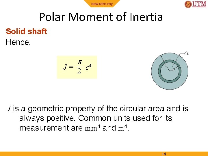 Polar Moment of Inertia Solid shaft Hence, J = 2 c 4 J is