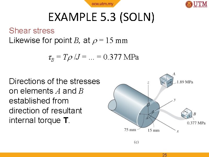 EXAMPLE 5. 3 (SOLN) Shear stress Likewise for point B, at = 15 mm