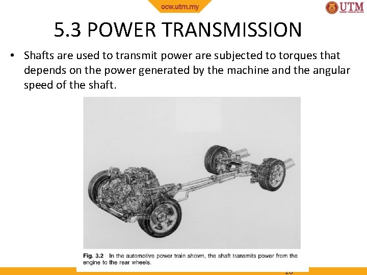 5. 3 POWER TRANSMISSION • Shafts are used to transmit power are subjected to