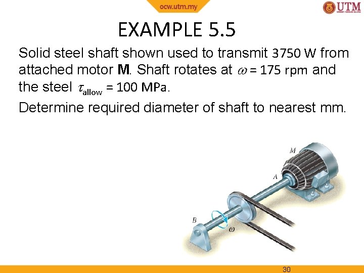 EXAMPLE 5. 5 Solid steel shaft shown used to transmit 3750 W from attached