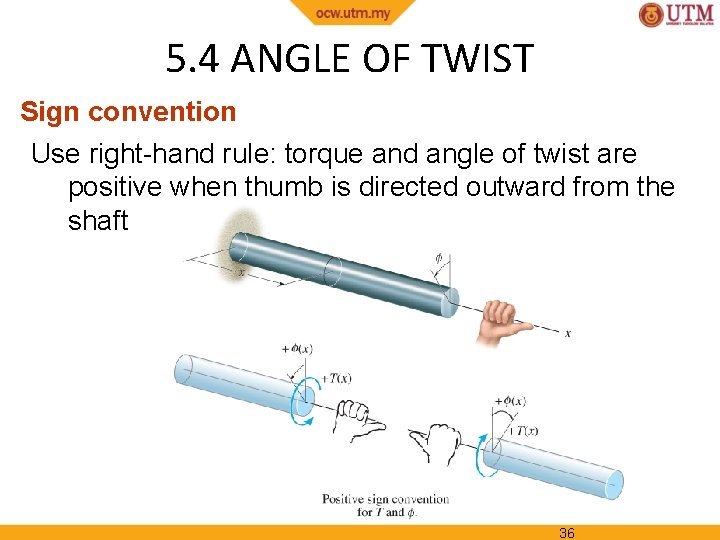 5. 4 ANGLE OF TWIST Sign convention Use right-hand rule: torque and angle of