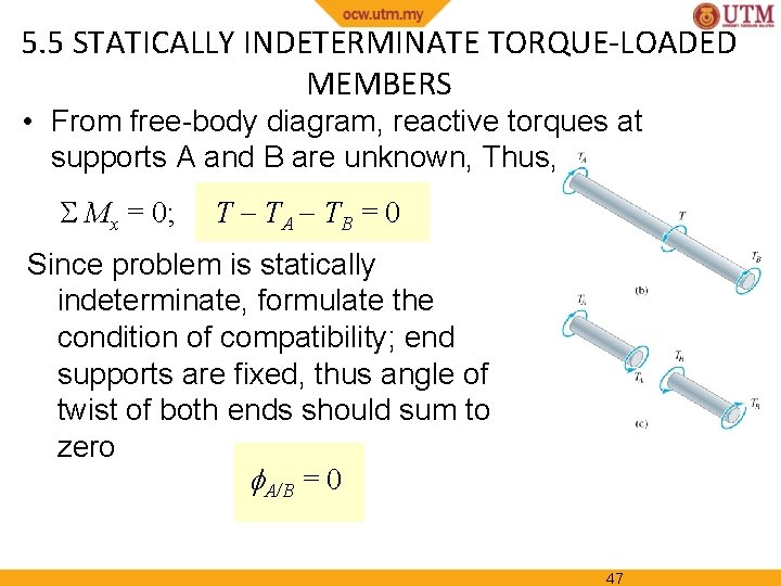 5. 5 STATICALLY INDETERMINATE TORQUE-LOADED MEMBERS • From free-body diagram, reactive torques at supports