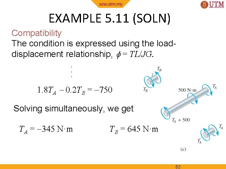 EXAMPLE 5. 11 (SOLN) Compatibility The condition is expressed using the loaddisplacement relationship, =