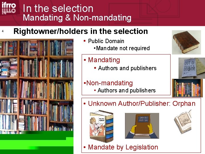 In the selection Mandating & Non-mandating 4 Rightowner/holders in the selection • Public Domain