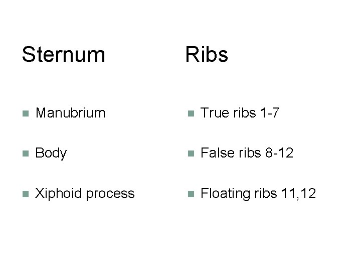 Sternum Ribs n Manubrium n True ribs 1 -7 n Body n False ribs