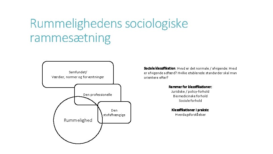 Rummelighedens sociologiske rammesætning Samfundet/ Værdier, normer og forventninger Den professionelle Rummelighed Den stofafhængige Sociale