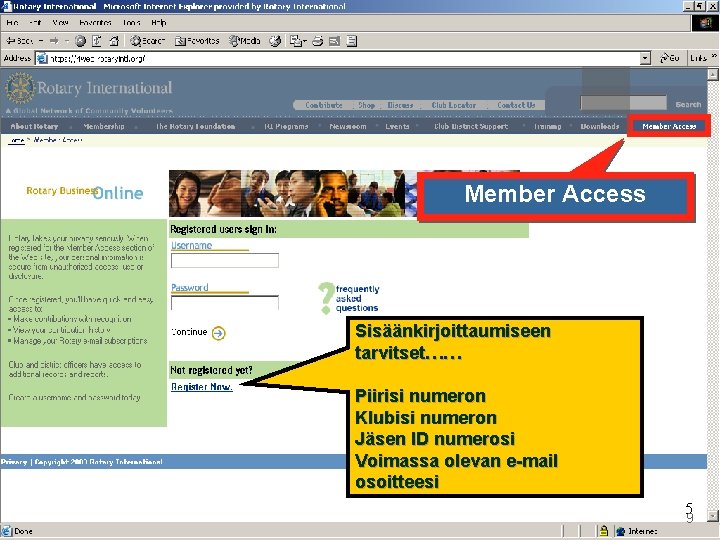 Member Access Sisäänkirjoittaumiseen tarvitset…… Piirisi numeron Klubisi numeron Jäsen ID numerosi Voimassa olevan e-mail