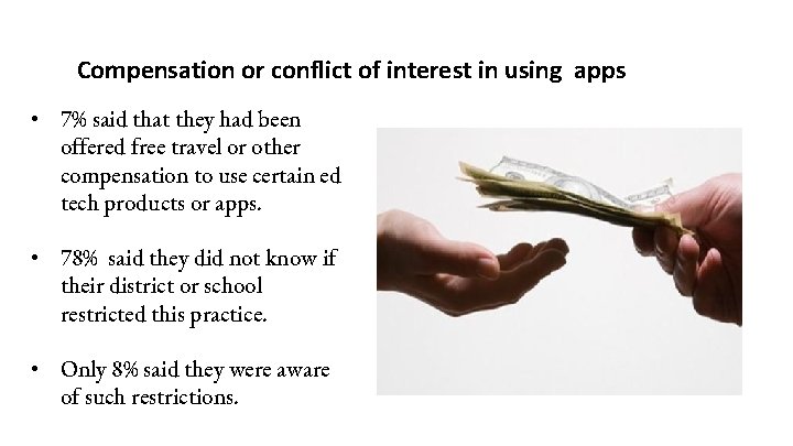 Compensation or conflict of interest in using apps • 7% said that they had Compensation or conflict of interest in using apps • 7% said that they had