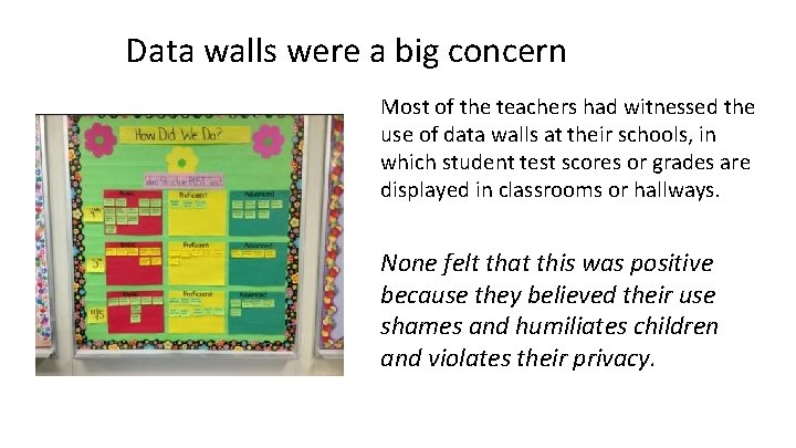 Data walls were a big concern Most of the teachers had witnessed the use Data walls were a big concern Most of the teachers had witnessed the use