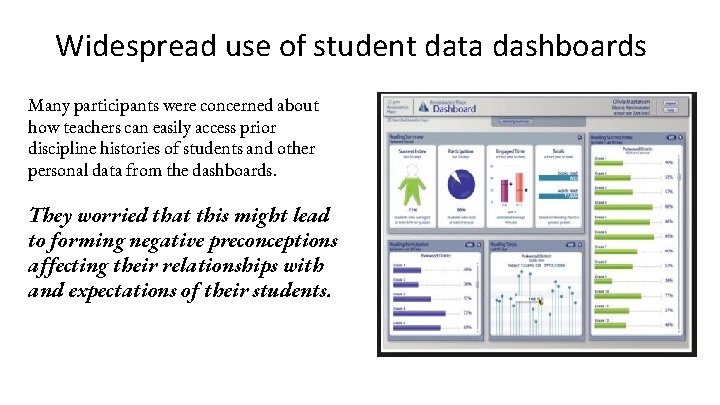 Widespread use of student data dashboards Many participants were concerned about how teachers can Widespread use of student data dashboards Many participants were concerned about how teachers can