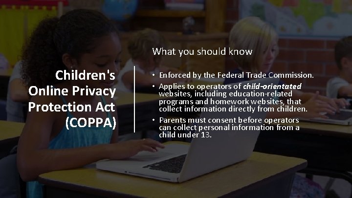 What you should know Children's Online Privacy Protection Act (COPPA) • Enforced by the What you should know Children's Online Privacy Protection Act (COPPA) • Enforced by the
