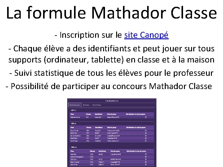 La formule Mathador Classe - Inscription sur le site Canopé - Chaque élève a