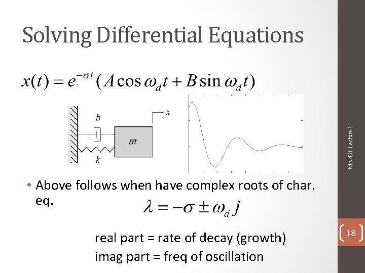 ME 431 Lecture 1 Solving Differential Equations • Above follows when have complex roots