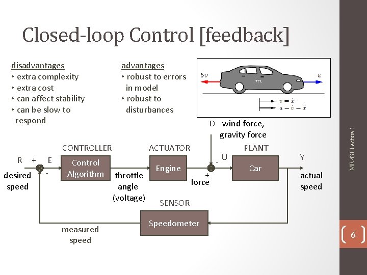 Closed-loop Control [feedback] R desired speed + E - advantages • robust to errors
