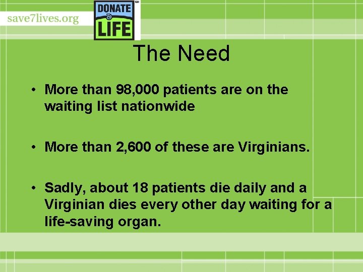 The Need • More than 98, 000 patients are on the waiting list nationwide