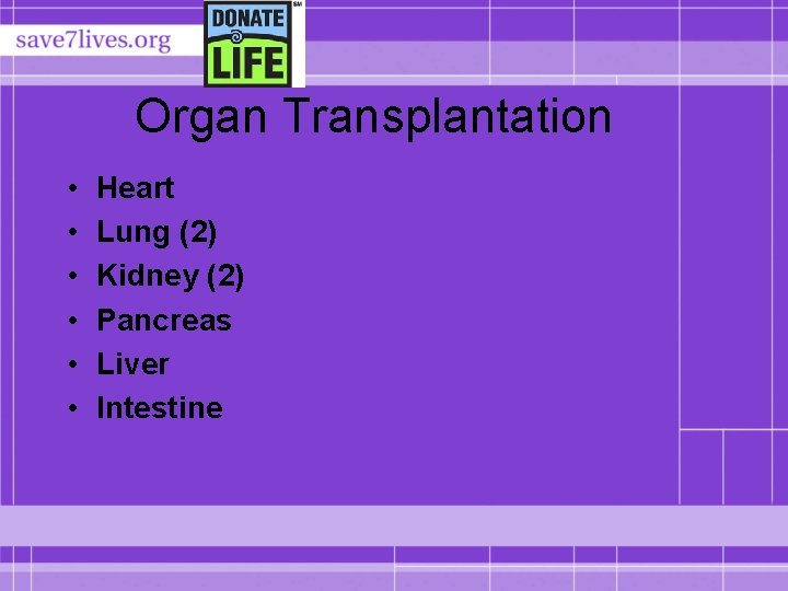 Organ Transplantation • • • Heart Lung (2) Kidney (2) Pancreas Liver Intestine 