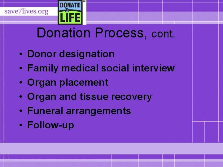 Donation Process, cont. • • • Donor designation Family medical social interview Organ placement